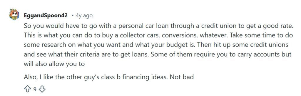 Reddit discussion about how lenders classify camper vans and how insurance and documentation affect financing approvals