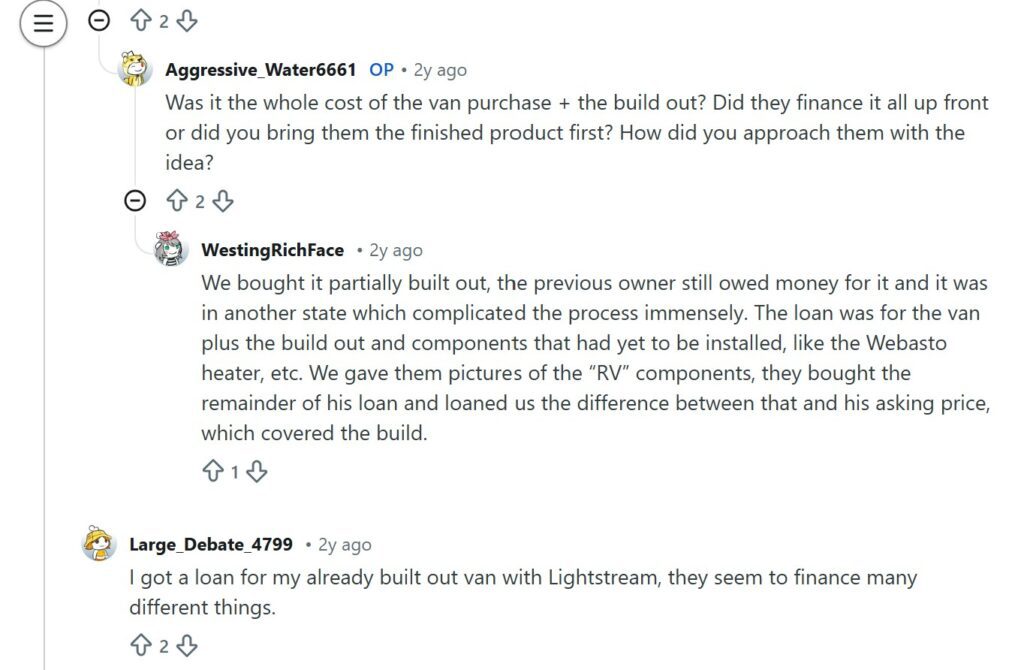 Reddit discussion showing van owners describing how they financed the van and build separately rather than using a single loan