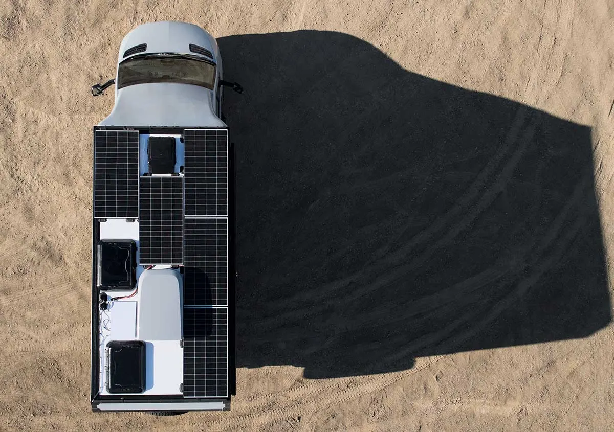 Aerial view of 1,000W of solar panels on a Geotrek Verus roof